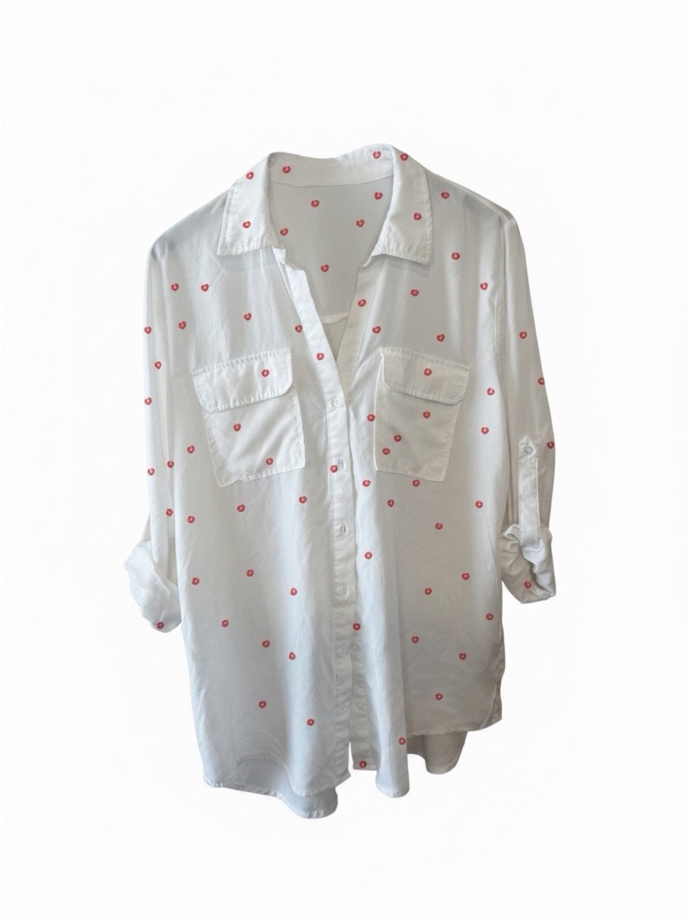 Women's White Button-Up Blouse with Red Lips Print